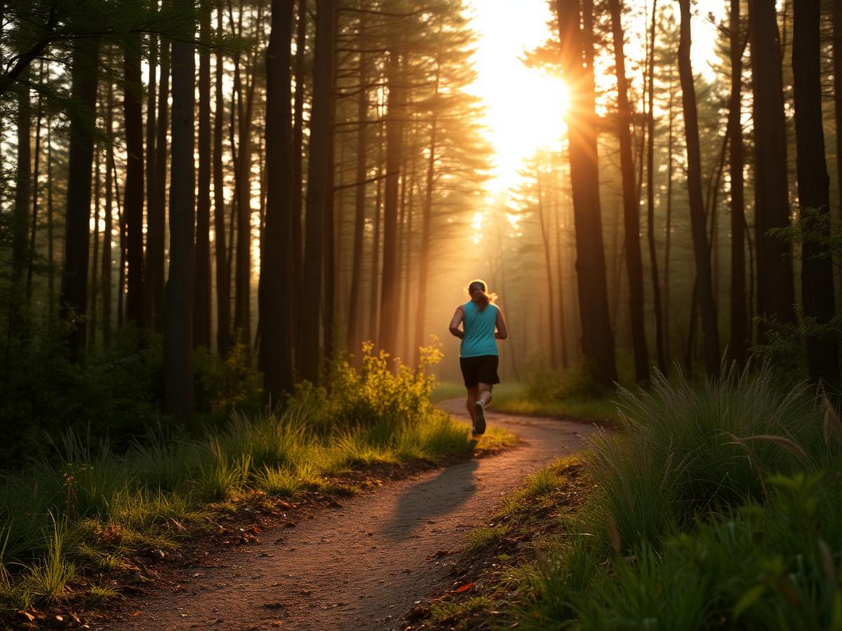 Person jogging on a forest trail at sunrise